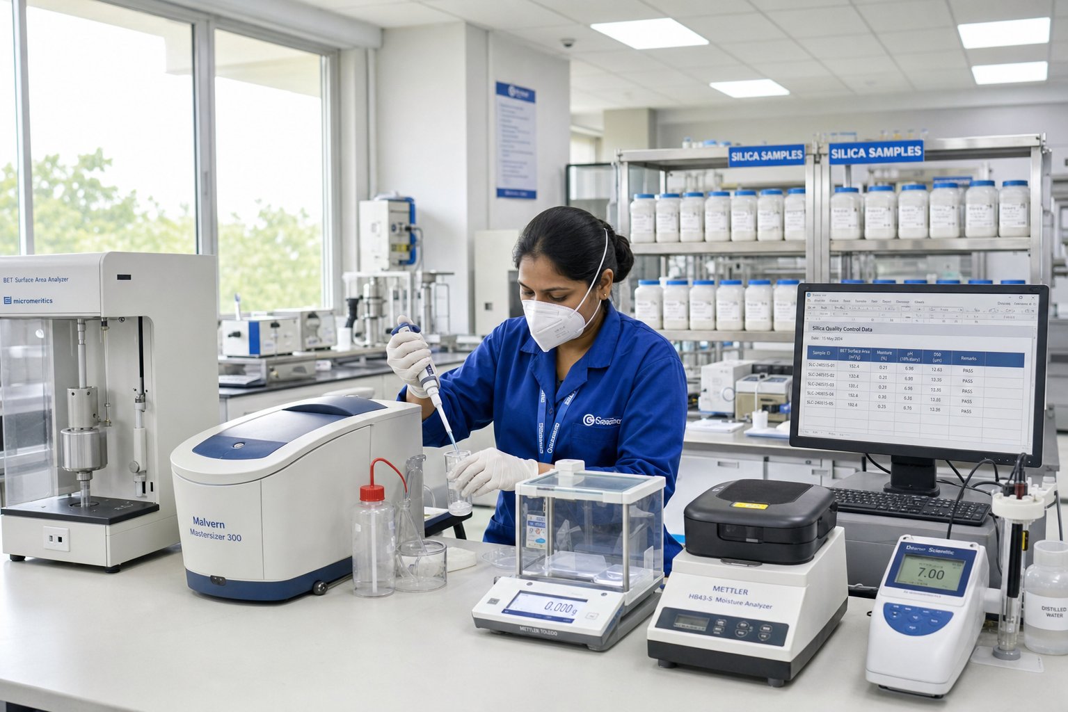 Quality control laboratory testing silica batch properties