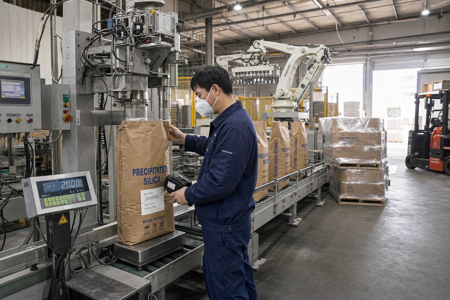 Automated packaging line and finished goods warehouse for silica