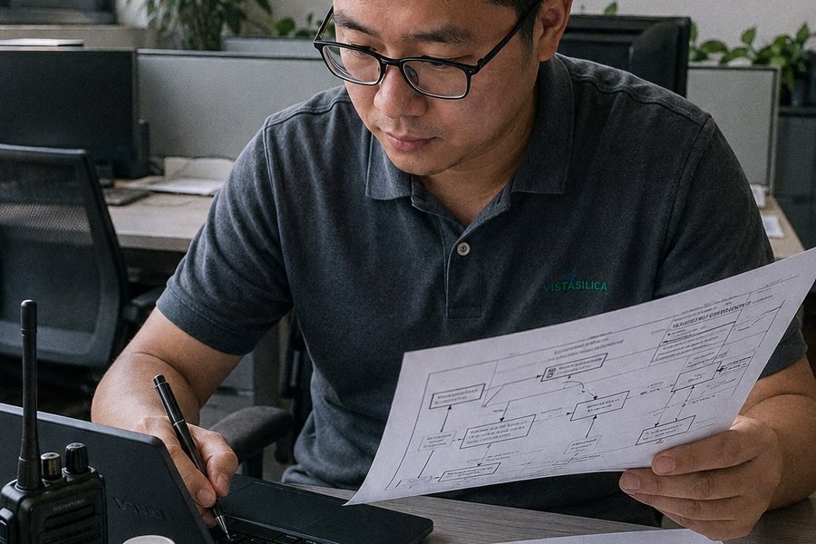 Censil Silica technical engineer reviewing a customer process flow chart and requirement sheet at the Longyan technical department.