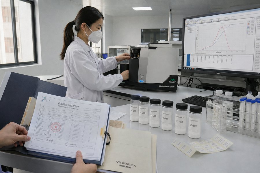 Laboratory technician running particle size analysis on a Malvern Mastersizer 3000 next to labelled Censil Silica grade samples and a certificate of analysis file.