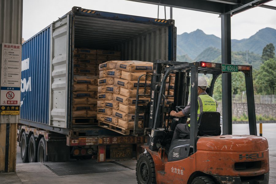 Forklift loading palletised Censil Silica silica bags into a shipping container for export.