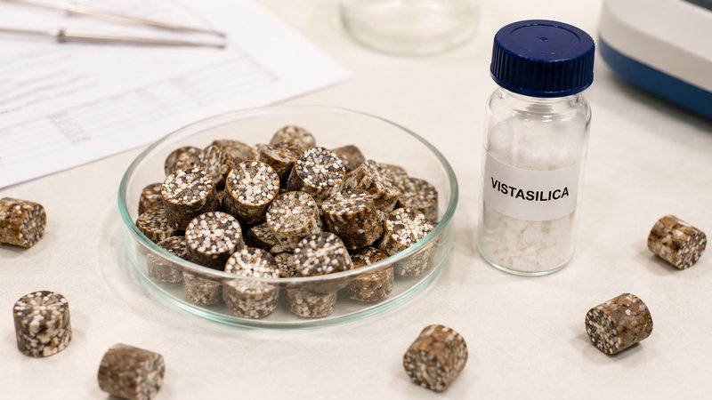 Precipitated silica carrier next to compound feed premix pellets in a laboratory dish.