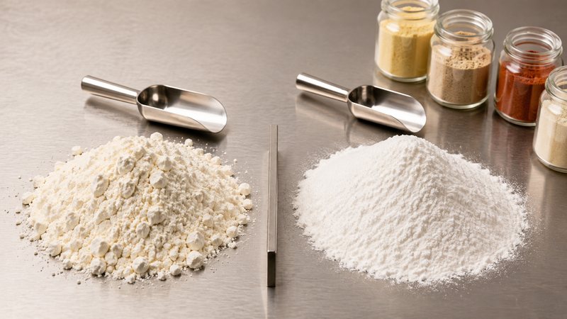 Free-flowing and caked food powder samples compared side by side on a stainless steel bench with seasoning jars.