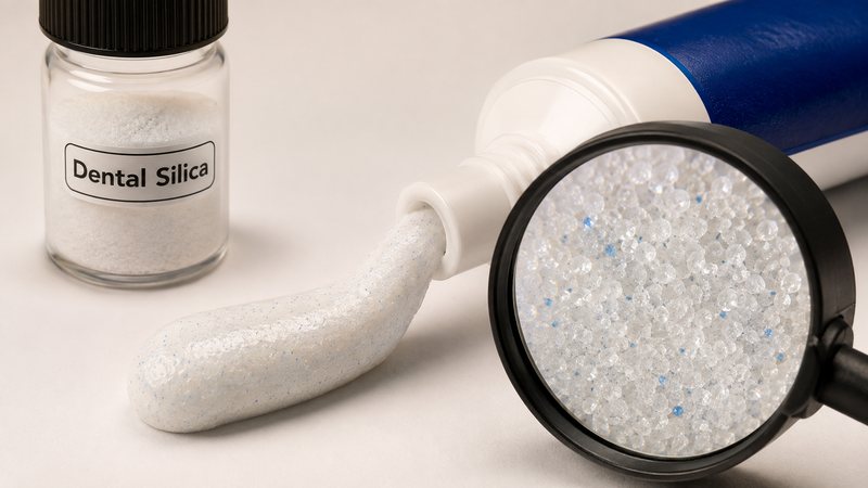 Toothpaste extruded from a tube with dental silica powder and a magnified view of the abrasive particles.
