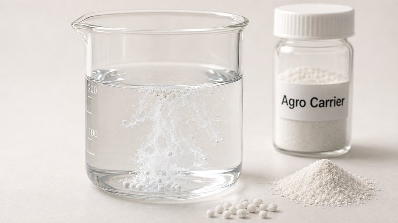 Water-dispersible granules disintegrating in a beaker of water beside an agrochemical silica carrier sample.