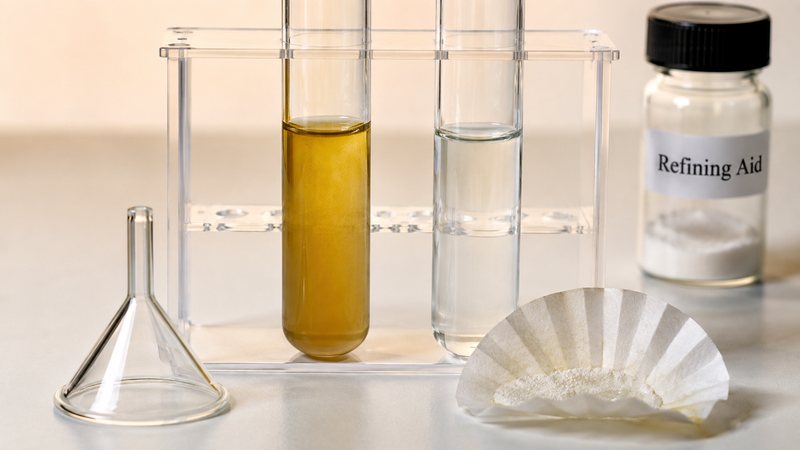 Crude and refined edible oil samples in test tubes next to a silica refining aid and a filter paper.